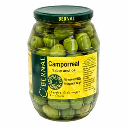 camporreal aceitunas sabor anchoa bernal camporreal oliven mit sardellengeschmack mit Kernen 600g front