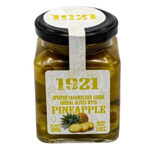 karamellisierte gefuellte gruene gordal oliven mit ananas 1921 stuffed caramelized green gordal olives with pineapple 140g front