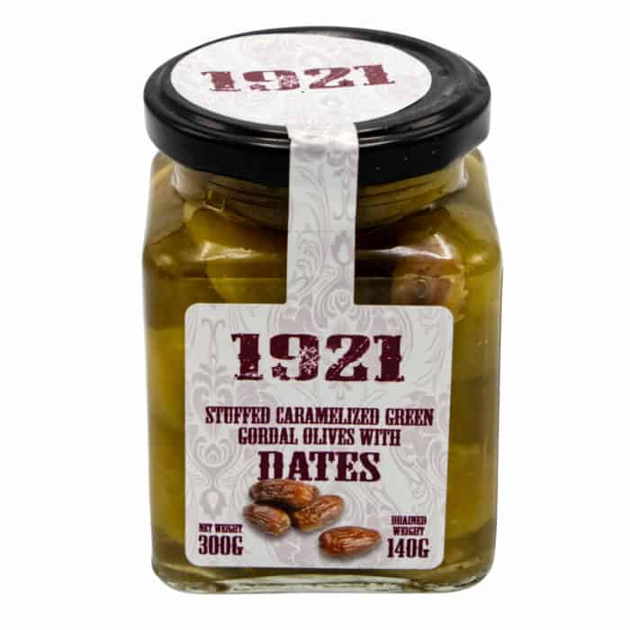 karamellisierte mit datteln gefuellte gordal oliven 1921 stuffed caramelized green gordal olives with dates 140g front