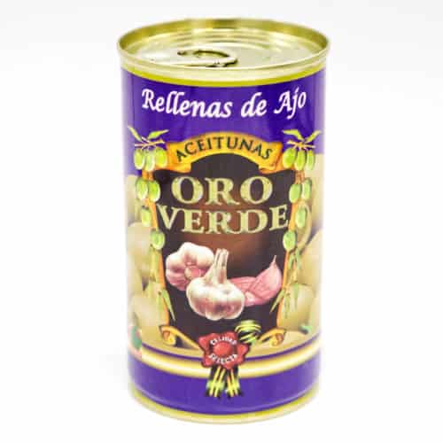 oro verde–rellenas de ajo 150g–guene oliven mit knoblauchpaste gefuellt front