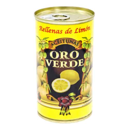 oro verde–rellenas de limón 150g–gruene oliven mit zitrone gefuellt front