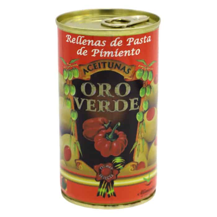 oro verde–rellenas de pasta de pimiento 150g–gruene oliven mit paprikapaste gefuellt front