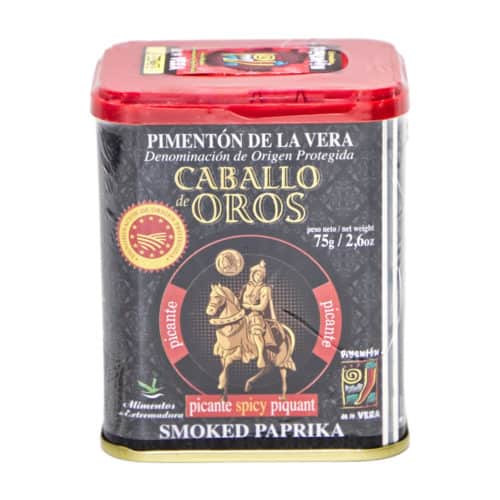 pimentón de la vera picante caballo de oros geraeuchertes paprikapulver pikant 75g front