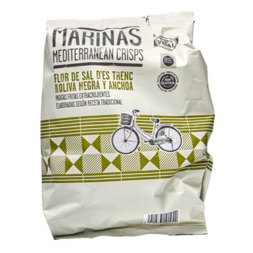 patatas fritas extracrujientes flor de sal des trenc sabor oliva negra y anchoa marinas mediterranean crisps chips extra knusprig geschmacksrichtung schwarze oliven und sardellen 150g front