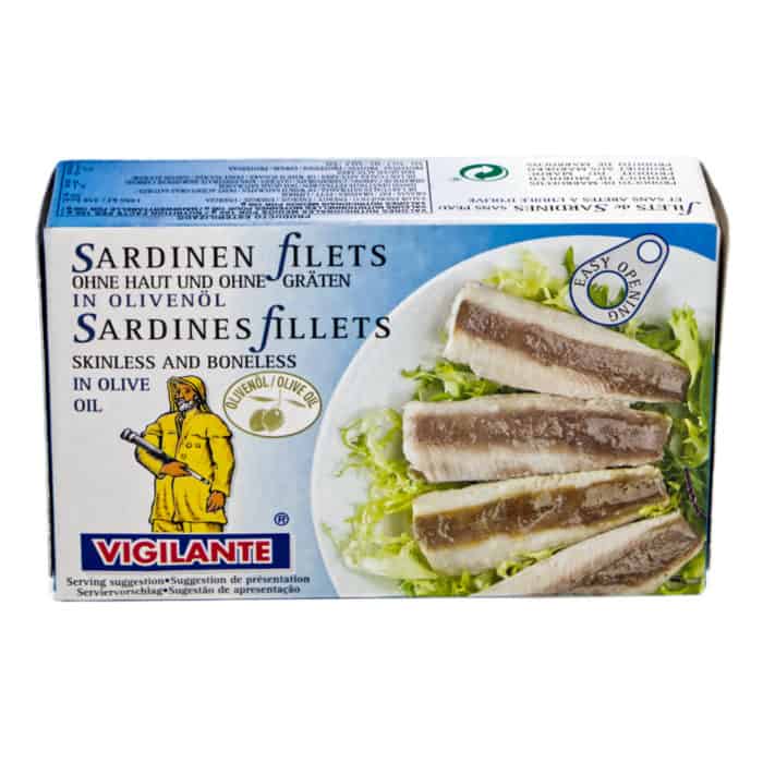 filetes de sardinas sin piel y sin espina en aceite de oliva vigilante sardinen filets ohne haut und ohne graeten in olivenoel 85g front