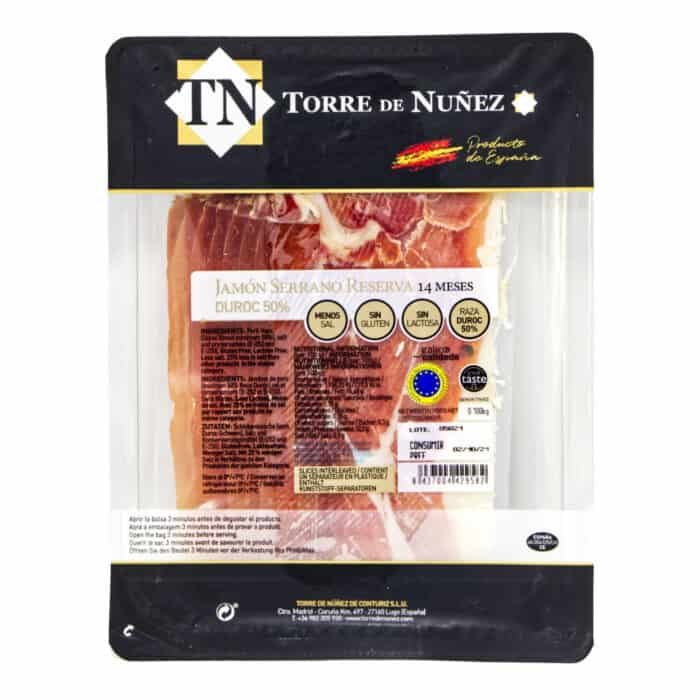 jamon serrano reserva 14 meses 50 duroc en lonchas torre de nunez serrano schinken reserve 14 monate 50 duroc in scheiben front