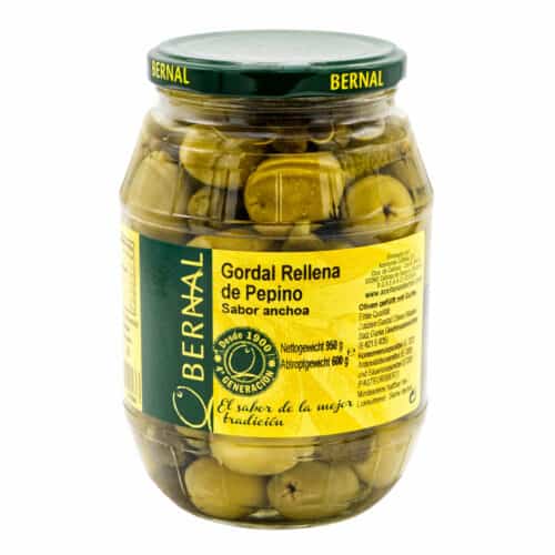 gordal rellenas de pepino sabor anchoa bernal gordal oliven mit gurke und sardellengeschmack 600g front