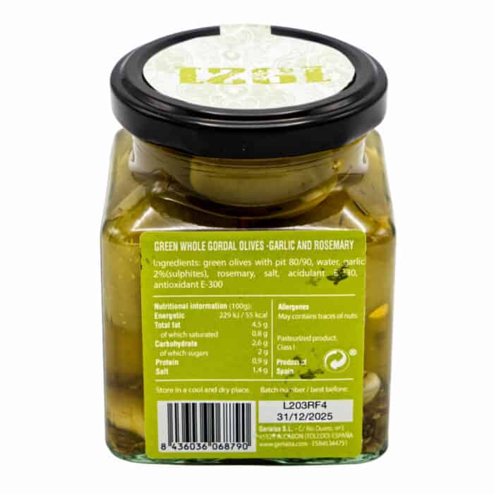 gruene ganze gordal oliven mit knoblauch und rosmarin 1921 green whole gordal olives garlic and rosemary 140g back