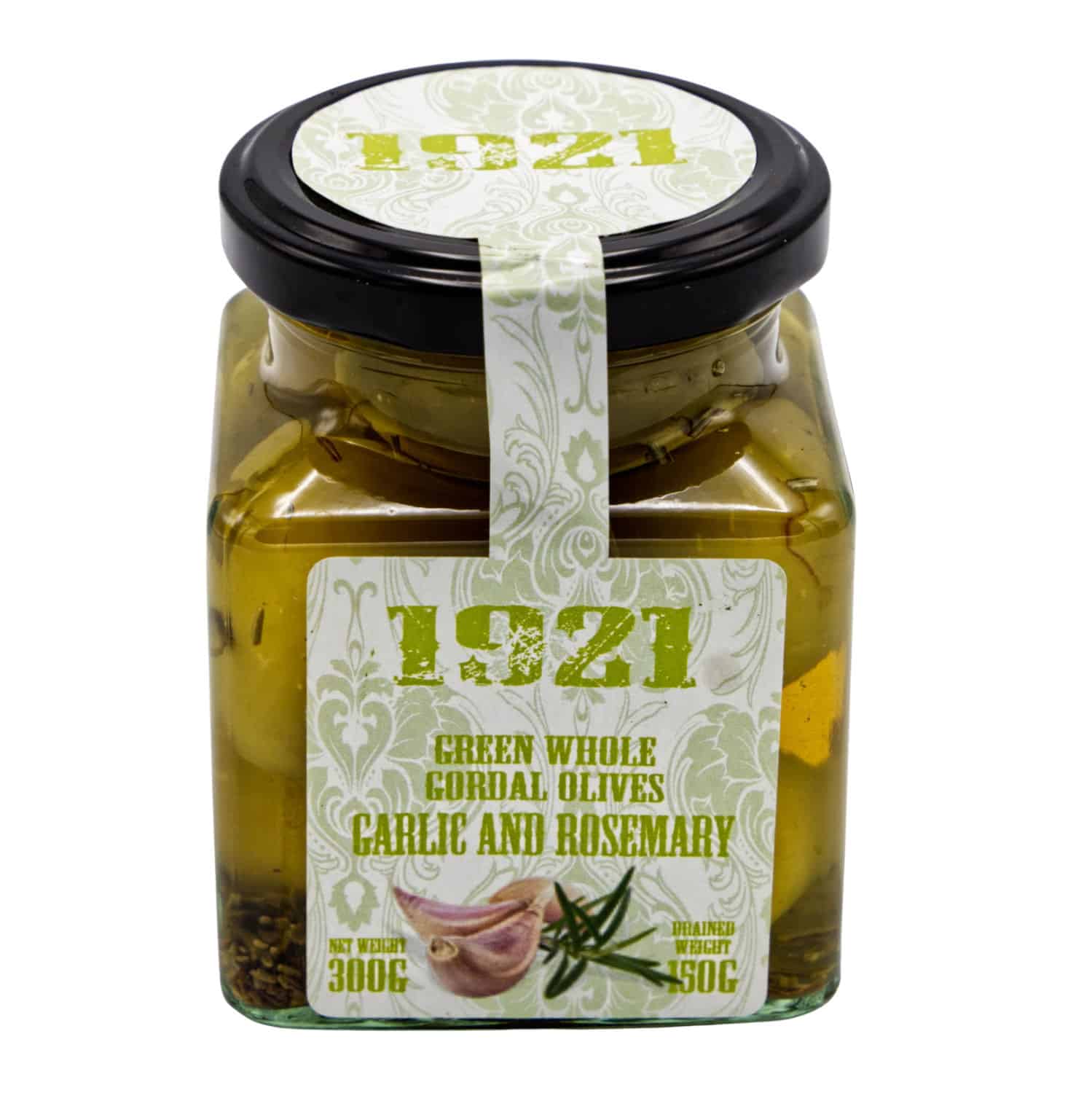 gruene ganze gordal oliven mit knoblauch und rosmarin 1921 green whole gordal olives garlic and rosemary 140g front