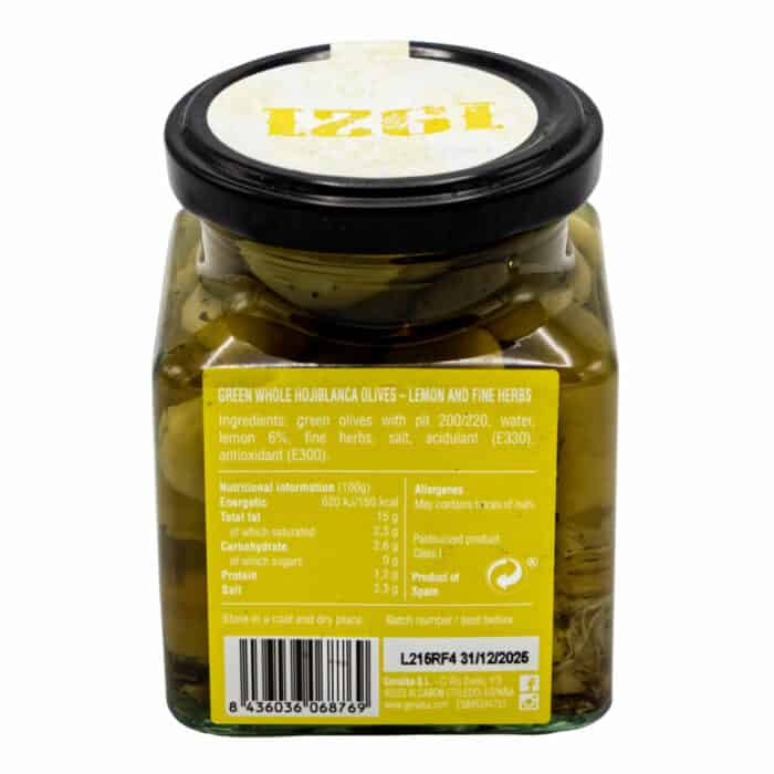 gruene ganze hojiblanca oliven mit zitrone und feinen kraeutern 1921 green whole hojiblanca olives lemon and fine herbs 140g back