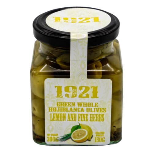 gruene ganze hojiblanca oliven mit zitrone und feinen kraeutern 1921 green whole hojiblanca olives lemon and fine herbs 140g front