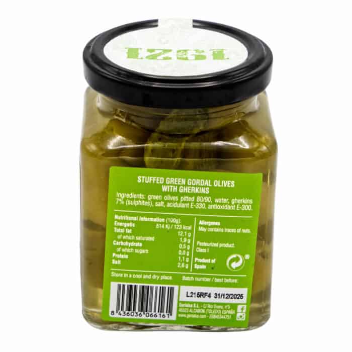 mit gurken gefuellte gruene gordal oliven 1921 stuffed green gordal olives with gherkins 140g back