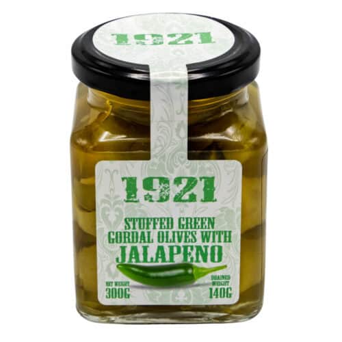 mit jalapeno gefuellte gruene gordal oliven 1921 stuffed green gordal olives with jalapeno 140g front