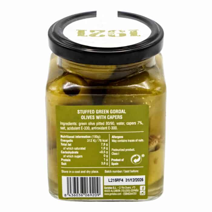 mit kapern gefuellte gruene gordal oliven 1921 stuffed green gordal olives with capers 140g back