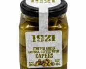 mit kapern gefuellte gruene gordal oliven 1921 stuffed green gordal olives with capers 140g front