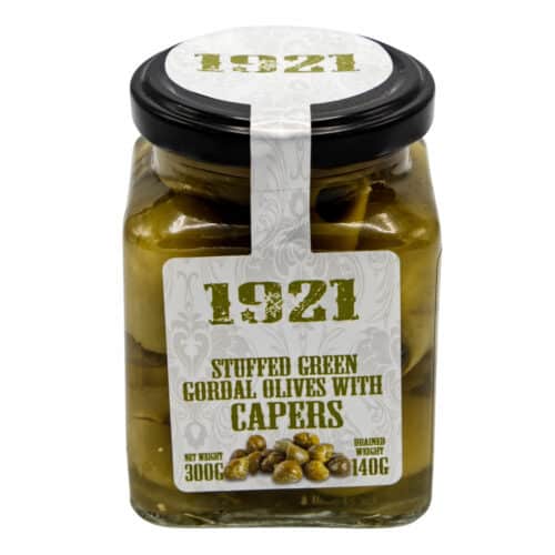 mit kapern gefuellte gruene gordal oliven 1921 stuffed green gordal olives with capers 140g front