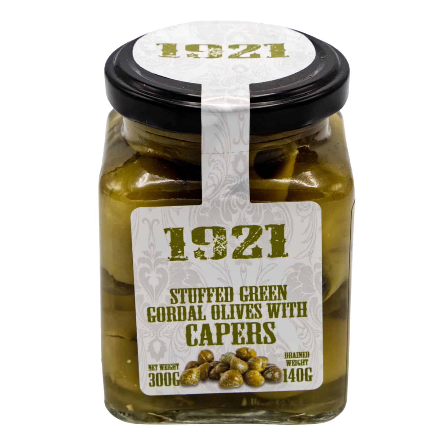 mit kapern gefuellte gruene gordal oliven 1921 stuffed green gordal olives with capers 140g front