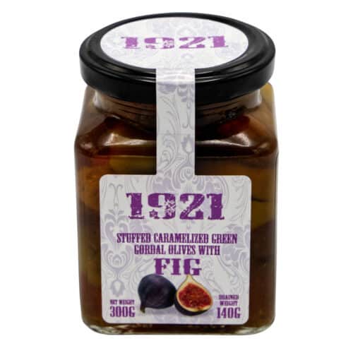 mit karamellisierten feigen gefuellte gordal oliven 1921 stuffed caramelized green gordal olives with fig 140g front