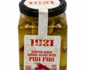 mit piri piri gefuellte gruene gordal oliven 1921 stuffed green gordal olives with piri piri 140g front