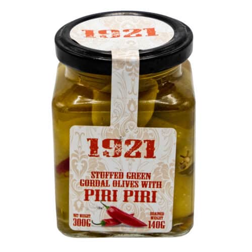 mit piri piri gefuellte gruene gordal oliven 1921 stuffed green gordal olives with piri piri 140g front